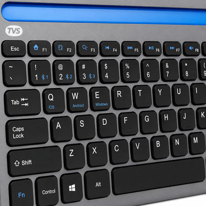 Close-up of TVS Electronics Champ BK372 Multi Device Wireless Bluetooth Keyboard showing Bluetooth shortcut keys and multi OS compatibility -tpstech.in