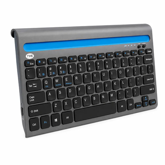TVS Electronics Champ BK372 Multi Device Wireless Bluetooth Keyboard angled view with integrated tablet stand and Bluetooth 5.0 connectivity -tpstech.in