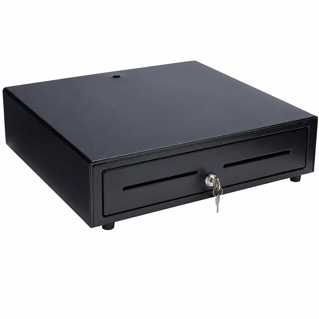 Front view of the TVS Champ CD-58410G POS cash drawer with secure key lock and durable steel construction.