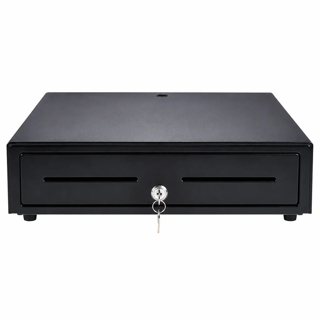 TVS Champ CD-58410G POS cash drawer front view with lockable drawer for retail and billing counters.