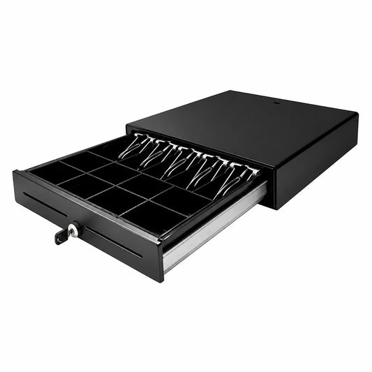TVS Champ CD-58410G POS cash drawer with 5 note trays and 8 coin compartments shown in an open angled view.