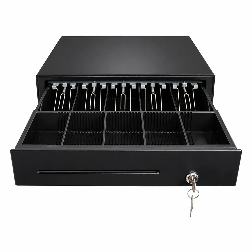 Front open view of the TVS Champ CD-58410G cash drawer featuring 5 note trays, 8 coin compartments and key lock.