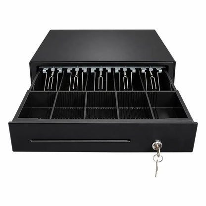 Front open view of the TVS Champ CD-58410G cash drawer featuring 5 note trays, 8 coin compartments and key lock.