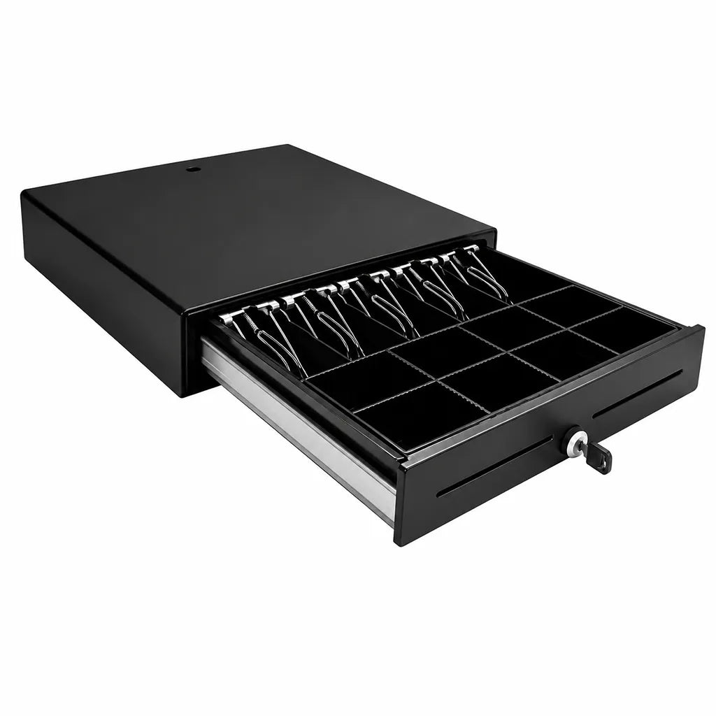 Side angle view of the TVS Champ CD-58410G POS cash drawer showing stainless steel drawer and cash compartments.