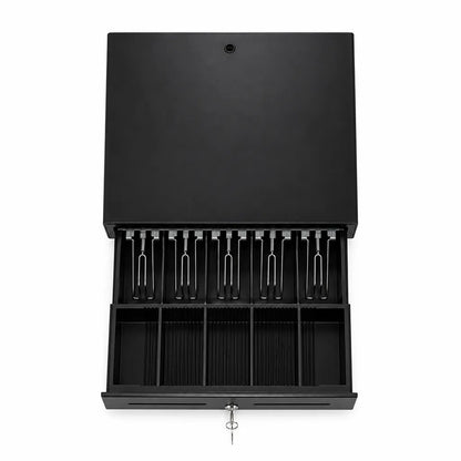 Top view of the TVS Champ CD-58410G POS cash drawer with organized 5 note trays, 8 coin compartments and secure key lock.