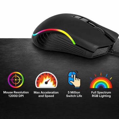 TVS Champ Pixel GM982 gaming mouse highlighting 12000 DPI, 30G acceleration, 5 million click durability and full spectrum RGB lighting.