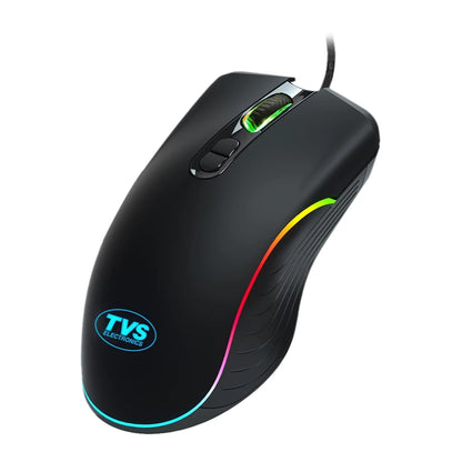 TVS Champ Pixel GM982 wired gaming mouse front angled view with RGB LED lighting, braided cable and high precision gaming sensor.