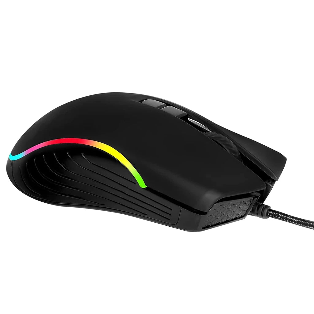Right side view of TVS Champ Pixel GM982 USB wired gaming mouse with full spectrum RGB lighting and textured grip.