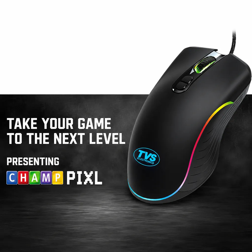 Promotional image of TVS Champ Pixel GM982 wired gaming mouse with RGB lighting designed for high-performance PC gaming.