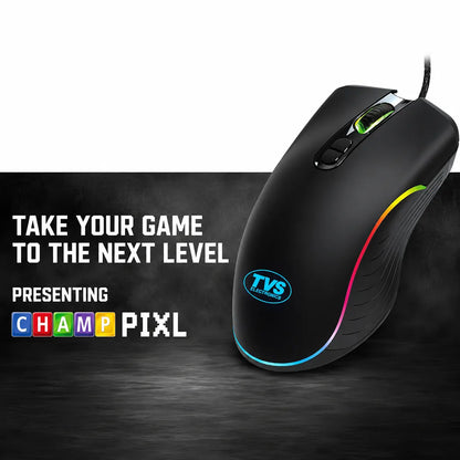 Promotional image of TVS Champ Pixel GM982 wired gaming mouse with RGB lighting designed for high-performance PC gaming.