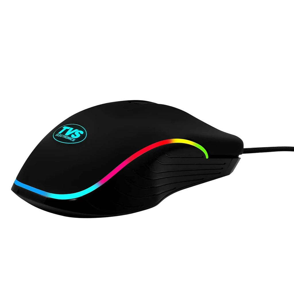 TVS Champ Pixel GM982 wired gaming mouse left side view with RGB lighting, braided USB cable and ergonomic gaming design.