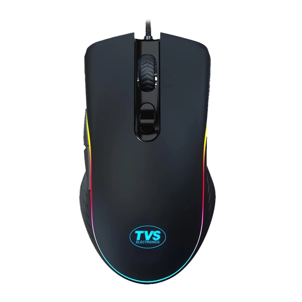 Top view of TVS Champ Pixel GM982 wired gaming mouse featuring 7 buttons, RGB lighting and ergonomic design.