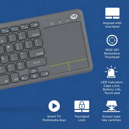 TVS Electronics Champ Smart Wireless Keyboard feature highlights showing 1600 DPI touch pad, LED indicators, Smart TV multimedia keys and scissor type key switches -tpstech.in