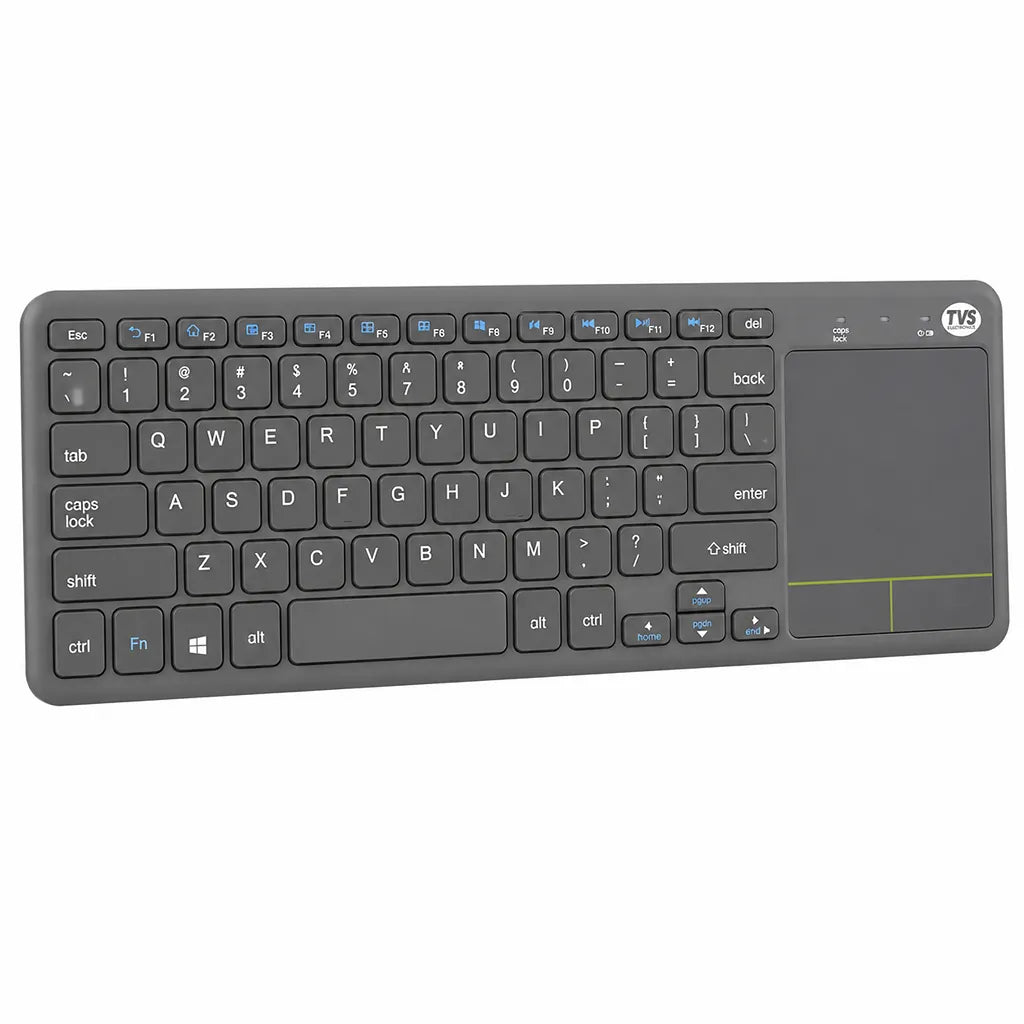 TVS Electronics Champ Smart Wireless Keyboard front view with built-in touch pad, multimedia shortcut keys and mini wireless keyboard layout -tpstech.in