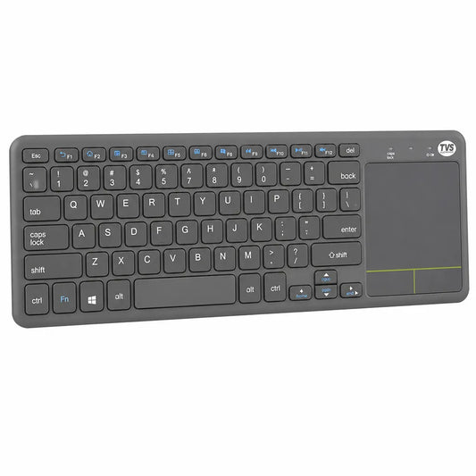 TVS Electronics Champ Smart Wireless Keyboard front view with built-in touch pad, multimedia shortcut keys and mini wireless keyboard layout -tpstech.in