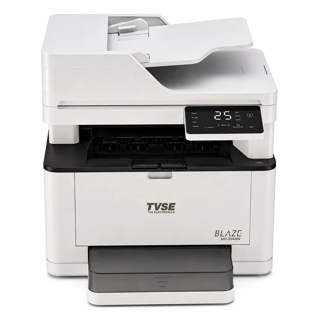 TVS Electronics Blaze MD-30ANW multifunction mono laser printer front view with automatic document feeder and paper output tray for office printing (tpstech.in)