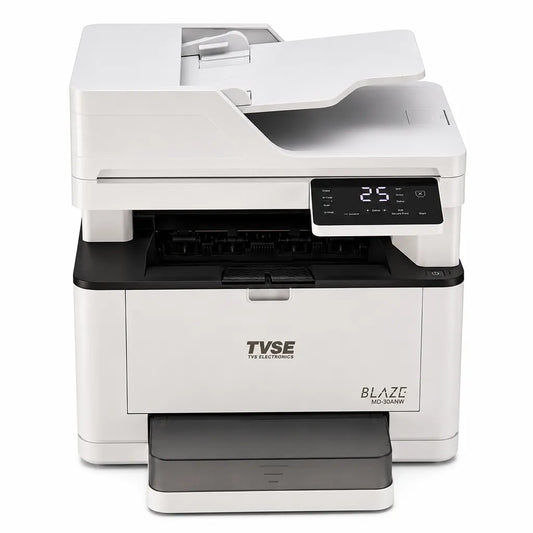 TVS Electronics Blaze MD-30ANW multifunction mono laser printer front view with automatic document feeder and paper output tray for office printing (tpstech.in)