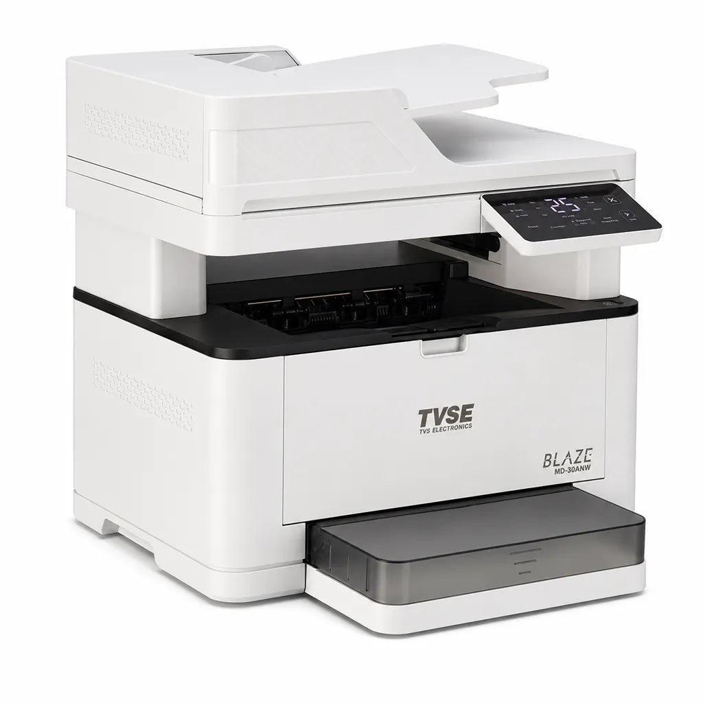 TVS Electronics Blaze MD-30ANW multifunction mono laser printer left angle view featuring Wi-Fi connectivity, auto duplex printing and ADF (tpstech.in)