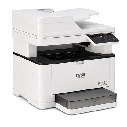 TVS Electronics Blaze MD-30ANW multifunction mono laser printer left angle view featuring Wi-Fi connectivity, auto duplex printing and ADF (tpstech.in)