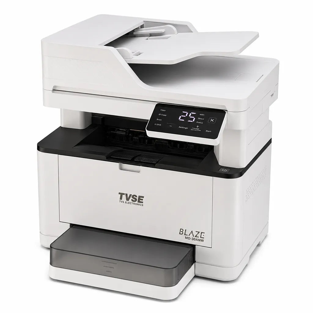 TVS Electronics Blaze MD-30ANW multifunction mono laser printer front right angle view with print, scan, copy functionality and wireless connectivity (tpstech.in)