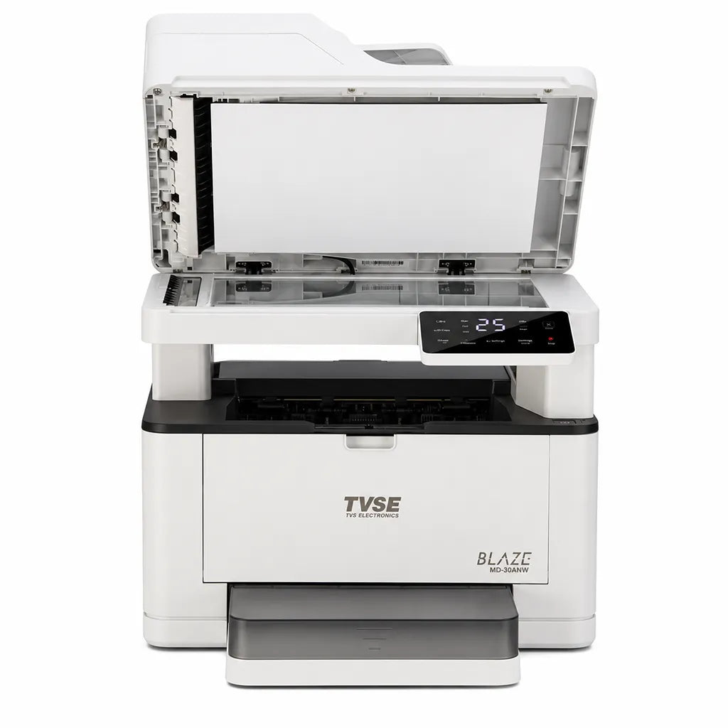 TVS Electronics Blaze MD-30ANW multifunction mono laser printer with flatbed scanner lid open and automatic document feeder for scanning and copying (tpstech.in)