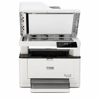 TVS Electronics Blaze MD-30ANW multifunction mono laser printer with flatbed scanner lid open and automatic document feeder for scanning and copying (tpstech.in)