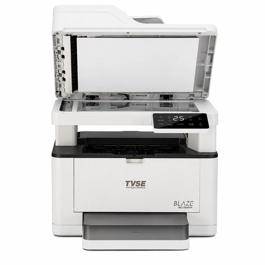 TVS Electronics Blaze MD-30ANW multifunction mono laser printer with flatbed scanner lid open and automatic document feeder for scanning and copying (tpstech.in)