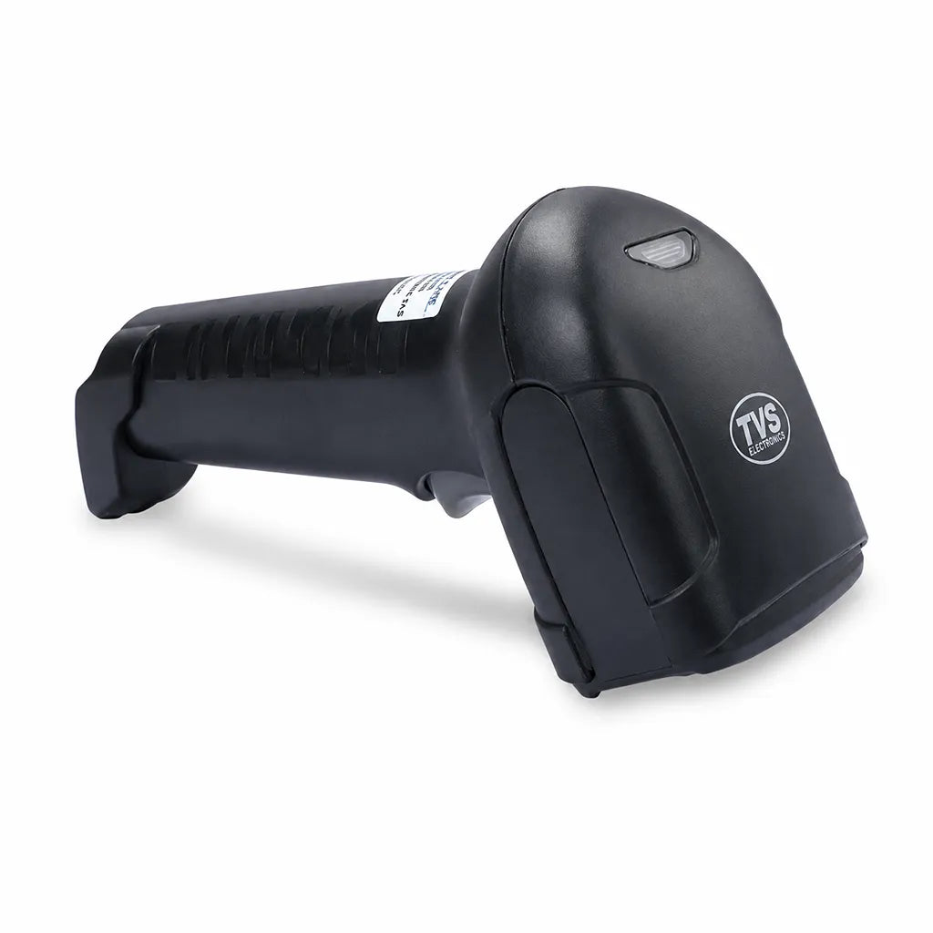 TVS Electronics BS-i201G Lite 2D Wired USB Barcode Scanner rear perspective showing ergonomic grip for retail and warehouse scanning - tpstech.in