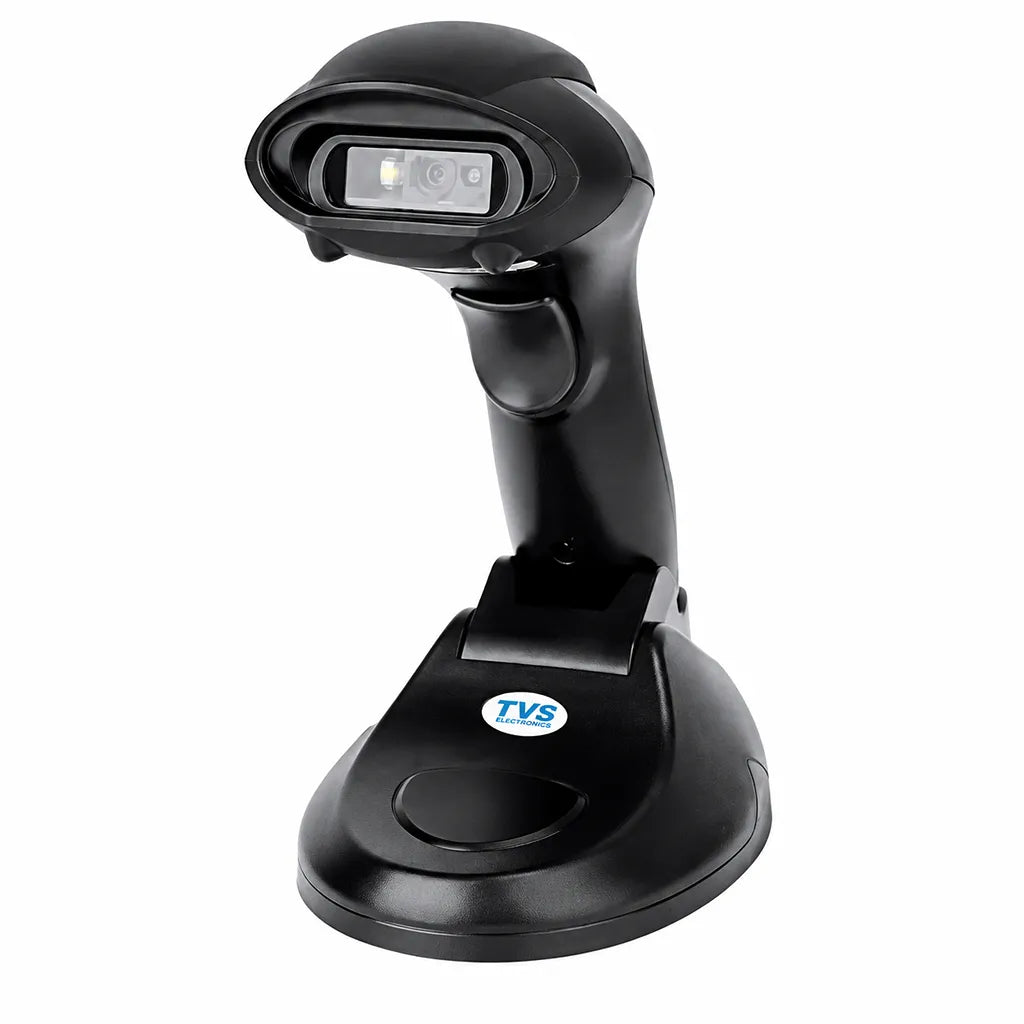 Left angled view of TVS Electronics BS-i203s BT Lite Bluetooth 2D barcode scanner with charging cradle -tpstech.in