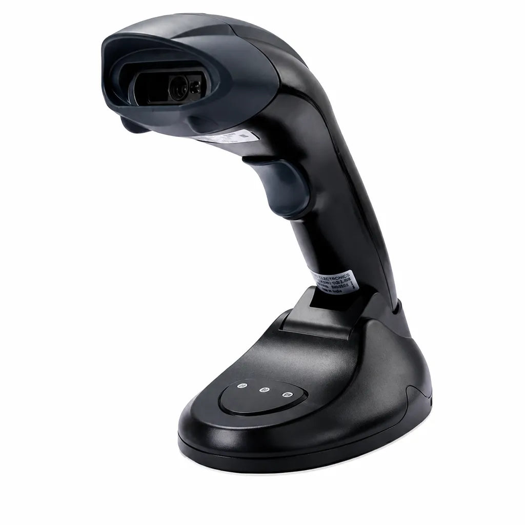 Side view of TVS Electronics BS-i203s BT Lite 2D barcode scanner on charging cradle with CMOS scanning engine -tpstech.in