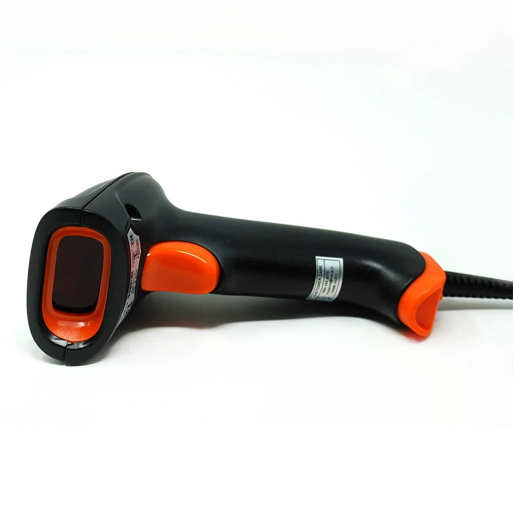 TVS Electronics BS L100 Plus 1D Wired USB Barcode Scanner front angled view showing laser scanning head and ergonomic trigger -tpstech.in
