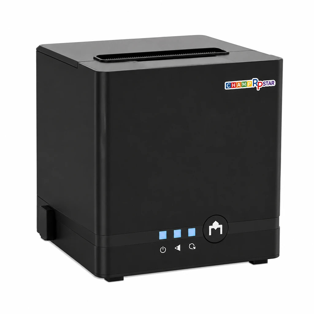 TVS Electronics Champ RP Star thermal receipt printer angled view featuring compact POS printer with USB Serial and Ethernet connectivity -tpstech.in