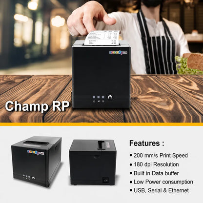 TVS Electronics Champ RP Star thermal receipt printer showcasing 200 mm per second print speed 180 DPI resolution and USB Serial Ethernet connectivity -tpstech.in