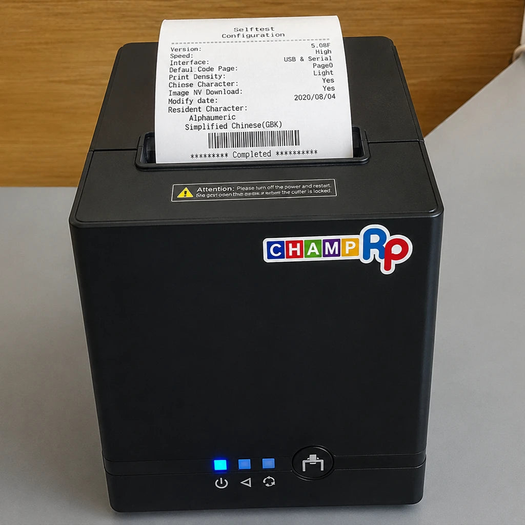 TVS Electronics Champ RP Star thermal receipt printer printing self test receipt demonstrating fast and reliable POS receipt printing performance -tpstech.in