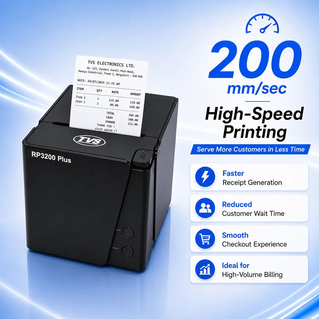 TVS Electronics Champ RP3200 Plus thermal receipt printer demonstrating 200 mm/sec high speed receipt printing for faster POS billing -tpstech.in