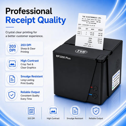 TVS Electronics Champ RP3200 Plus thermal receipt printer delivering sharp 203 DPI print quality with clear receipts and reliable output -tpstech.in