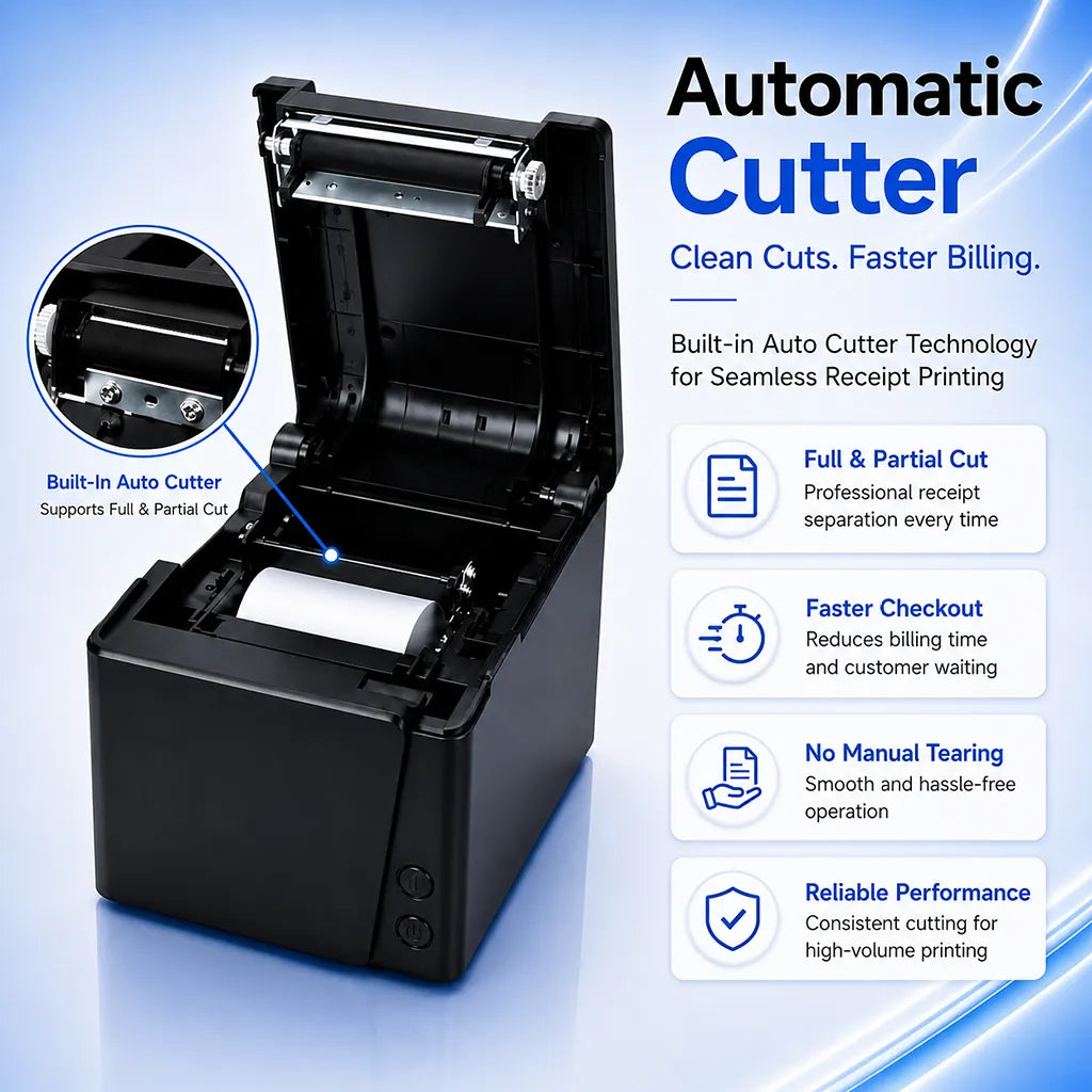 TVS Electronics Champ RP3200 Plus thermal receipt printer with built in auto cutter supporting full and partial cuts for efficient receipt printing -tpstech.in