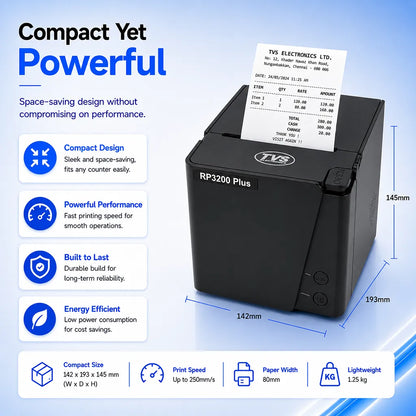 TVS Electronics Champ RP3200 Plus compact 3 inch thermal receipt printer with space saving design, 80 mm paper support and lightweight construction -tpstech.in