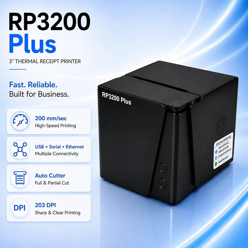 TVS Electronics Champ RP3200 Plus thermal receipt printer highlighting 200 mm/sec print speed, USB, Serial, Ethernet connectivity, auto cutter and 203 DPI printing -tpstech.in