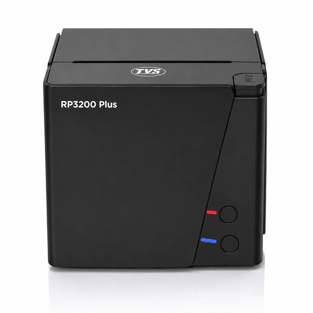 Front view of TVS Electronics Champ RP3200 Plus 3 Inch Thermal Receipt Printer with compact design for POS billing counters -tpstech.in