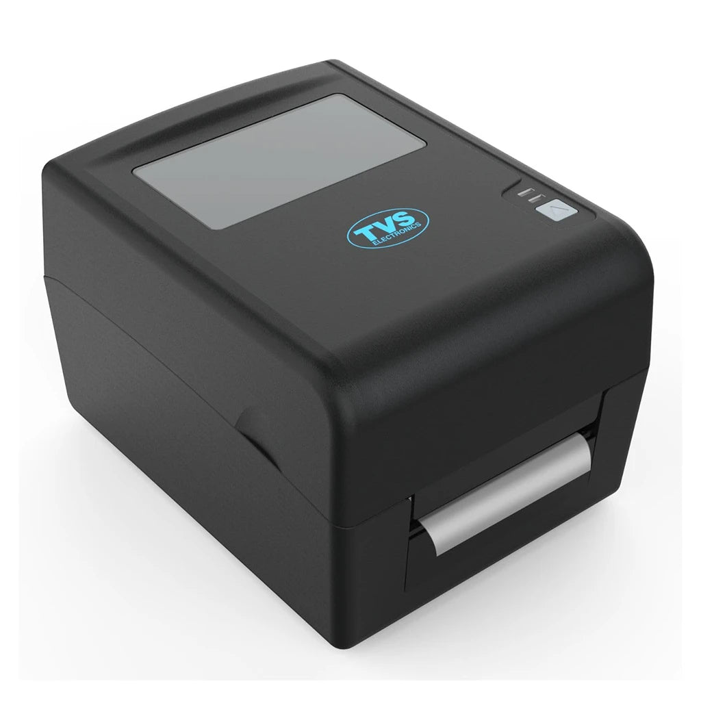 TVS Electronics LP 46 Dlite 4-inch thermal label printer front angled view with label output slot.