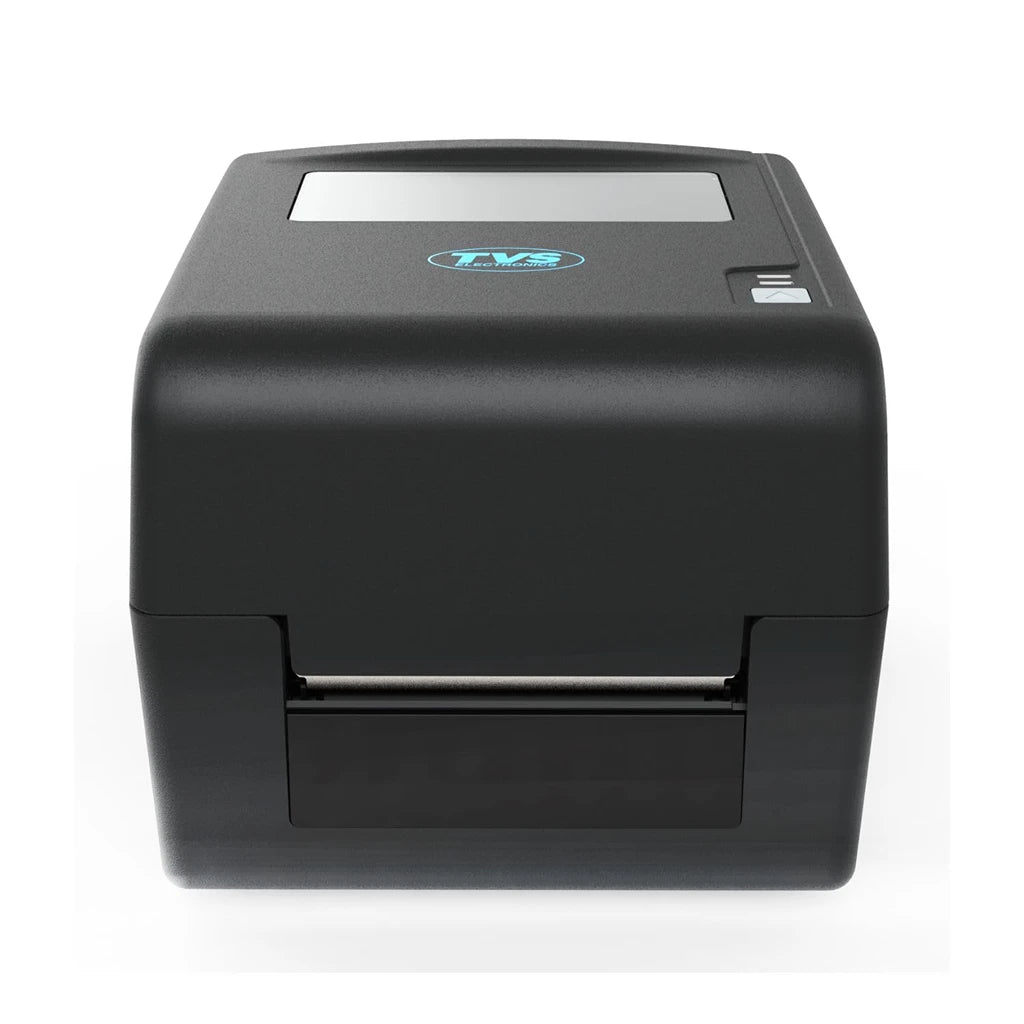 Front view of TVS Electronics LP 46 Dlite Plus 203 DPI thermal barcode label printer with label output slot.