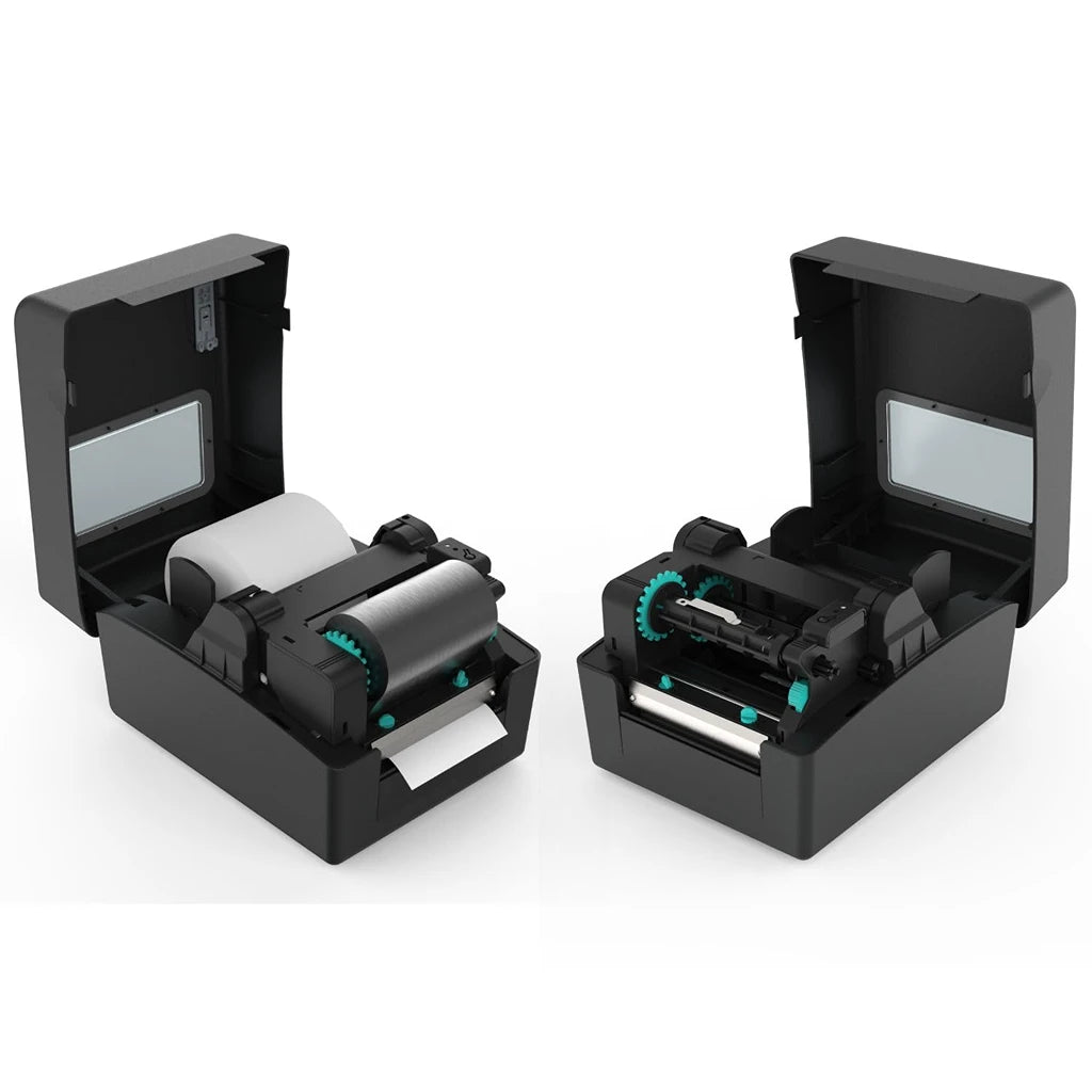 TVS Electronics LP 46 Dlite Plus barcode label printer with open media compartment showing ribbon and label roll installation.
