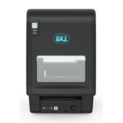Top rear view of TVS Electronics LP 46 Dlite Plus thermal barcode label printer highlighting connectivity ports and compact design.
