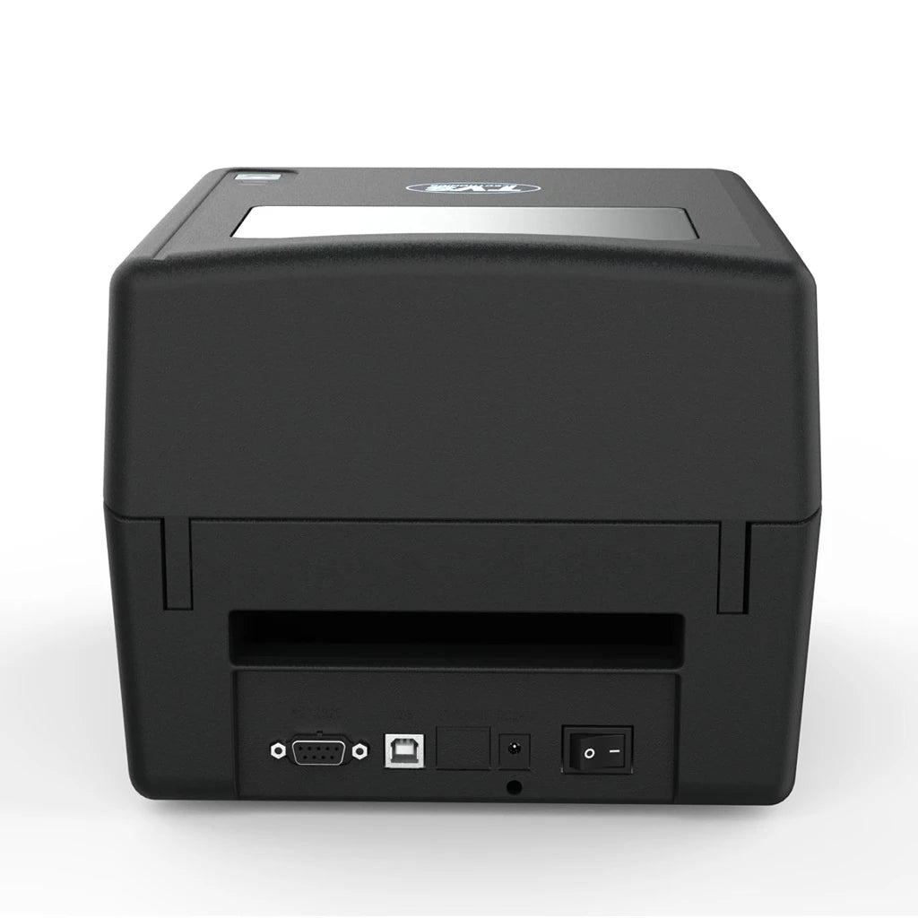 Rear view of TVS Electronics LP 46 Dlite thermal label printer showing USB interface, power port and connectivity.