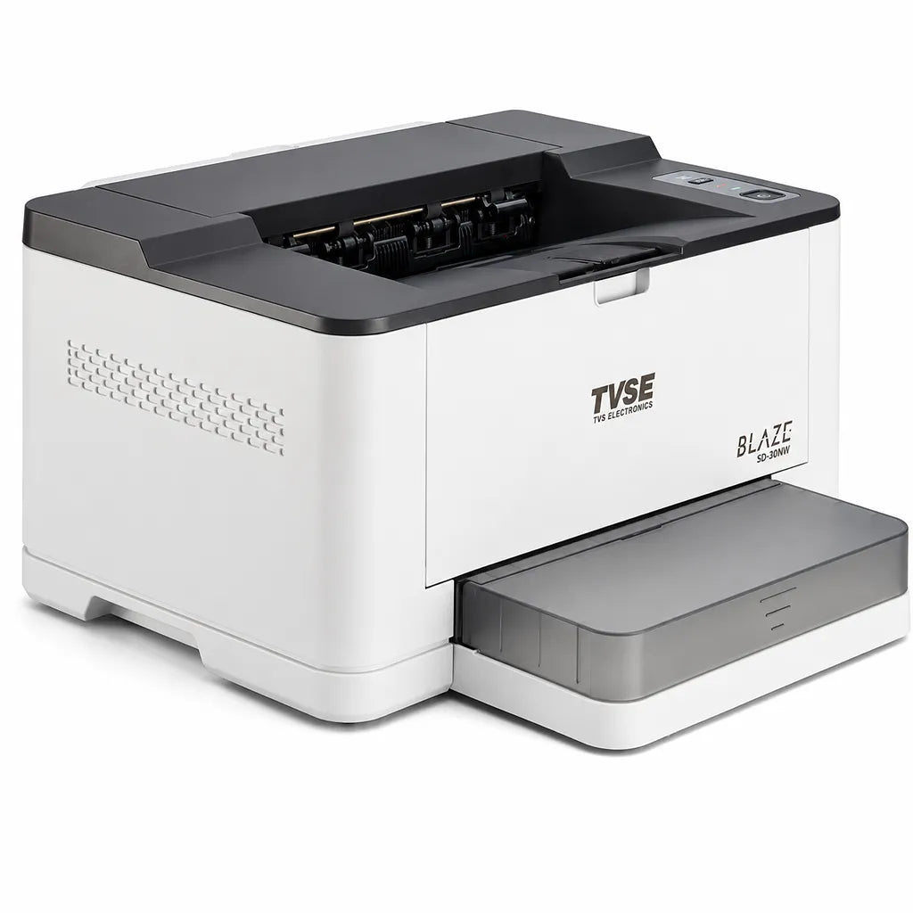 TVS Electronics MD-30NW multifunction mono laser printer angled front view showing compact design for home and office use - tpstech.in