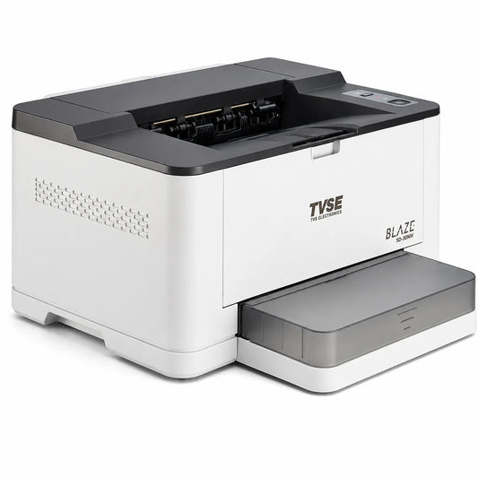 TVS Electronics MD-30NW multifunction mono laser printer angled front view showing compact design for home and office use - tpstech.in