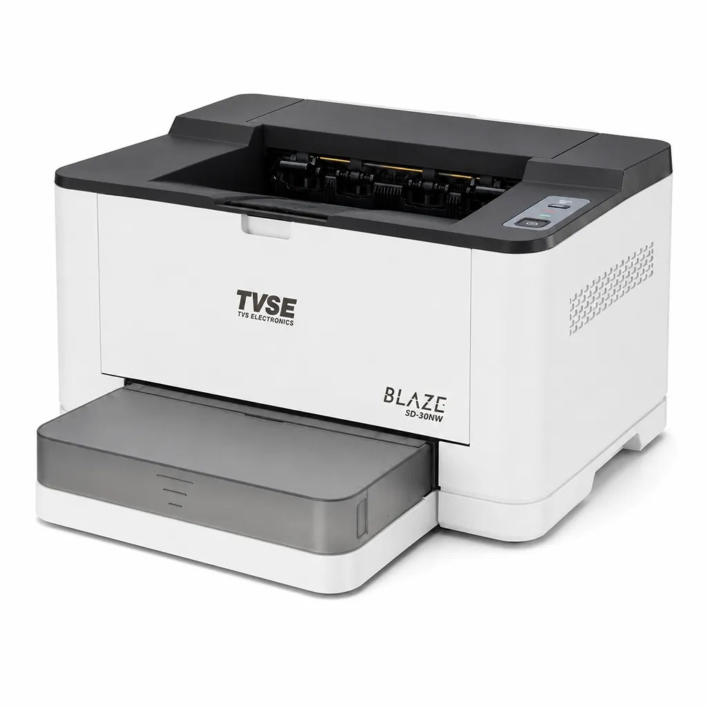 TVS Electronics MD-30NW multifunction mono laser printer front left angle view with paper output tray extended - tpstech.in