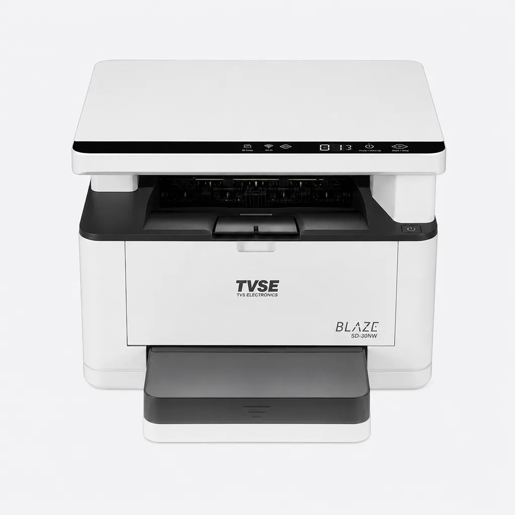 TVS Electronics MD-30NW multifunction mono laser printer with flatbed scanner open for document scanning and copying - tpstech.in