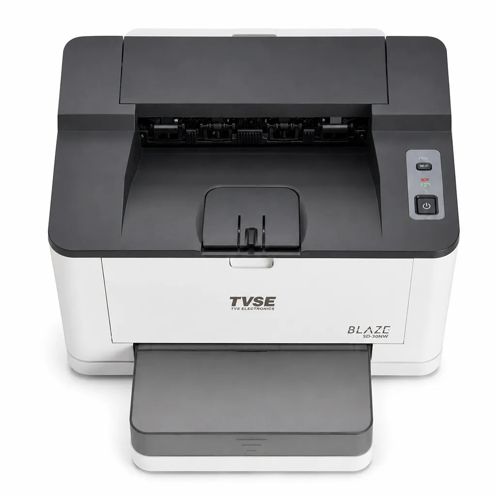 TVS Electronics MD-30NW multifunction mono laser printer top view highlighting control panel and paper output area - tpstech.in
